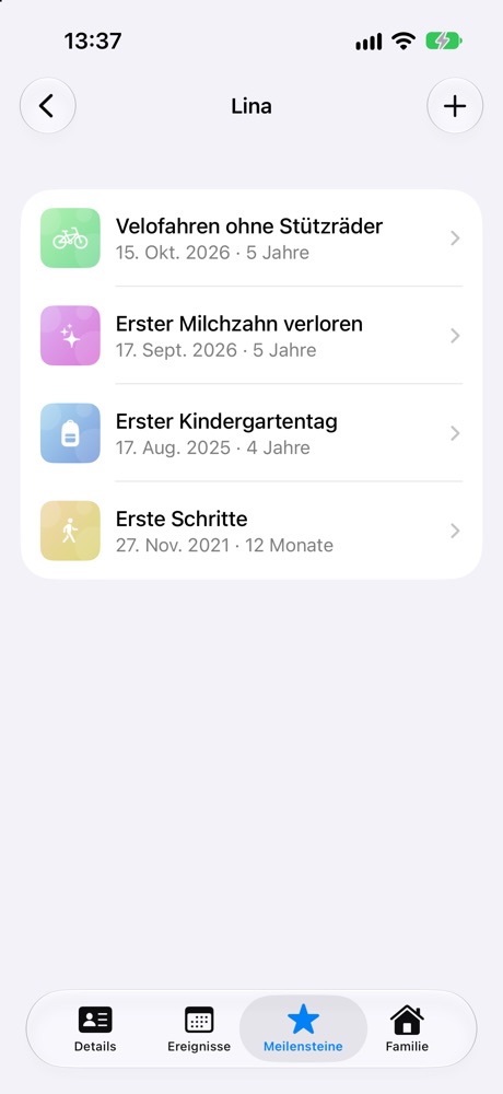 Linas Meilensteine: Velofahren ohne Stützräder, erster Milchzahn, erster Kindergartentag, erste Schritte