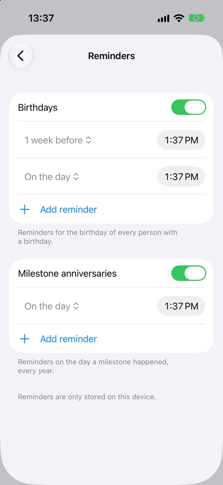 Reminder settings: birthdays a week before and on the day, milestone anniversaries on the day